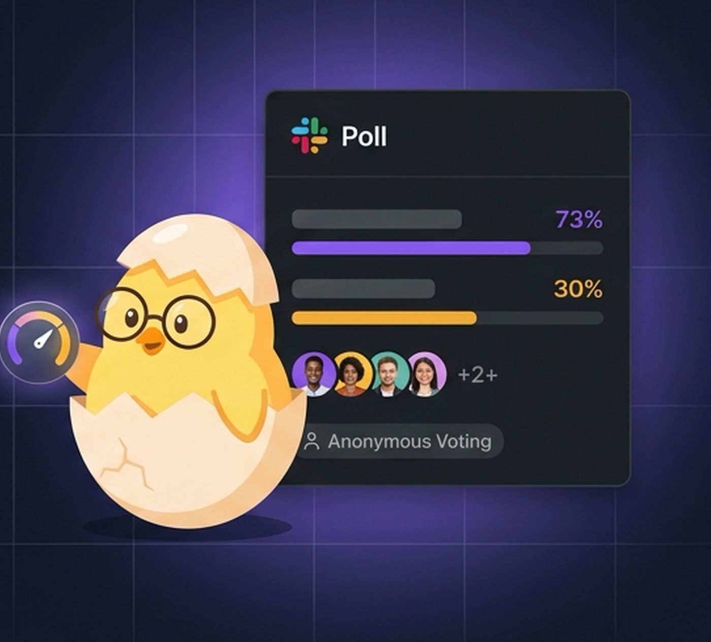 Pollito mascot with spectacles beside a Slack poll card
